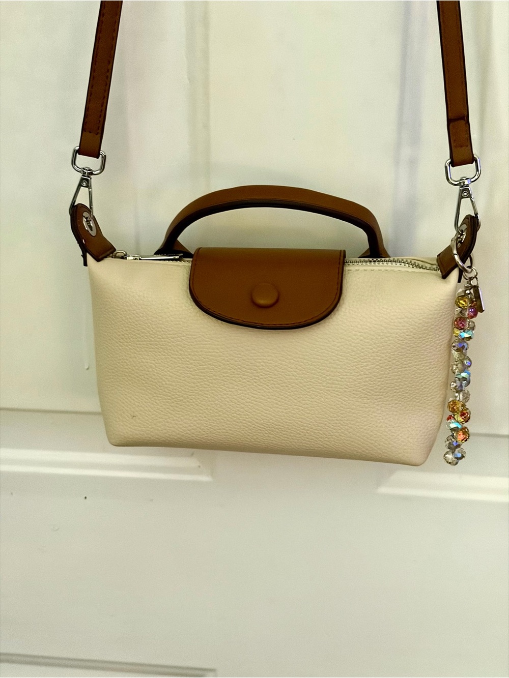 Cream and Tan Structured faux Leather Crossbody Satchel